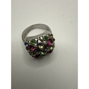 Vintage Multicolor Rhinestone Cluster Statement Ring Silver Tone